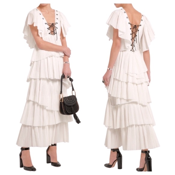 SONIA RYKIEL Couture Maxi Dress Lace Up Ruffles White BOHO Tiered Paris Designer - Picture 1 of 16